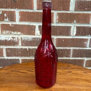 Holiday Round Glass Decorating Bottle 12” high Red-Raised Leaves Design W/ Cork